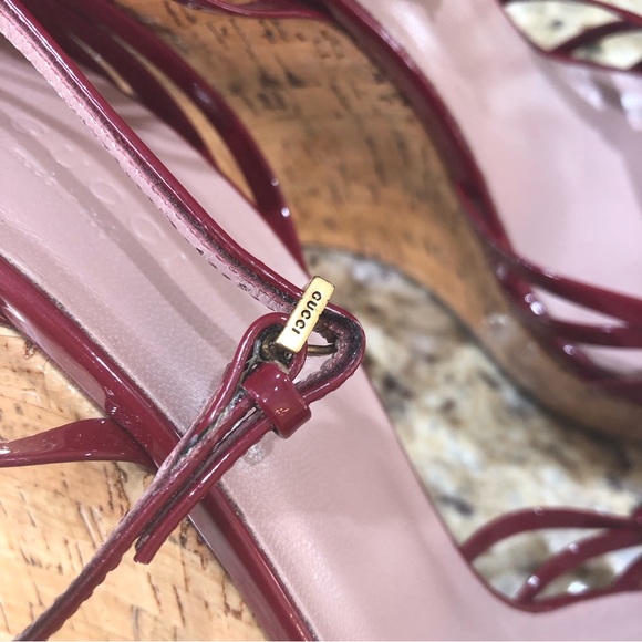Gucci Alice Red Patent Leather Knot Strappy Platform Cork Sandal Wedges 40 - Picture 9 of 13